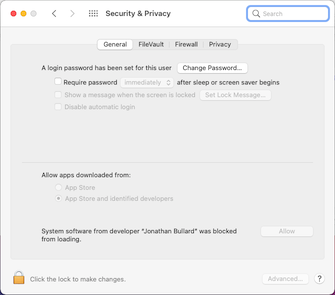 screenshot of the 'Security & Privacy' preference pane, with text 'System software from developer Jonathan Bullard was blocked from loading.' and a button labelled 'allow'.