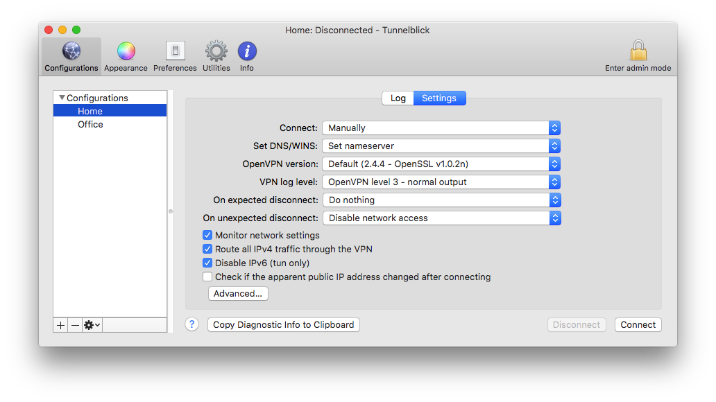 Tunnelblick 'VPN Details' window showing a the 'Settings' tab of the 'Configurations' panel with 'on expected disconnect' set to 'do nothing' and 'on unexpected disconnect' set to 'disable network access